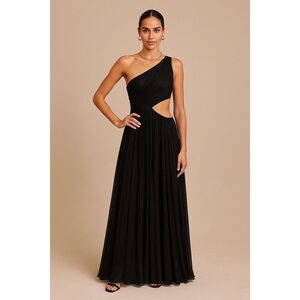 Sonya Moda Black One Shoulder Pleated Maxi Gown Cutout Formal Dress size S NWT